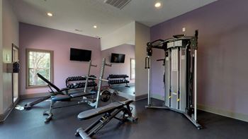 a home gym with weights and a tv on the wall